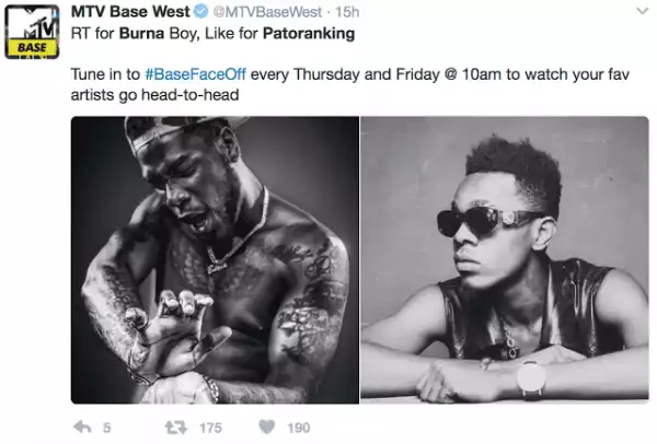 " Stop This! ": Burna Boy Threatens To Block MTV Base For Comparing Him To Patoranking